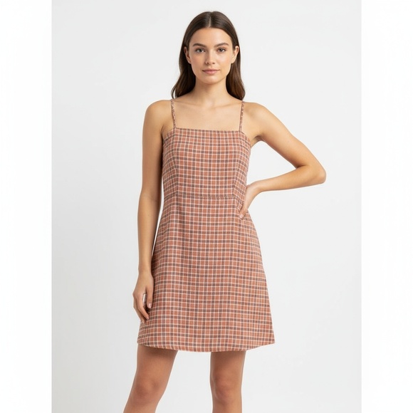 Aéropostale Women’s Small Rust Cream Plaid Smocked Mini Dress Spaghetti Strap - Picture 1 of 5